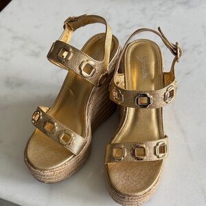 Larroude Metallic Gold Wedge Sandals